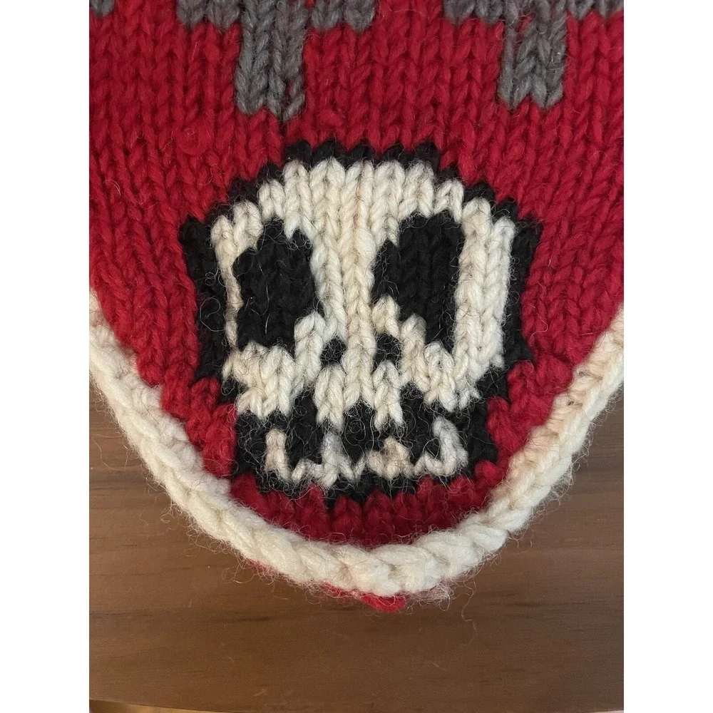 Red And Gray Wool Knit Skull Ear Flap Hat By Grace Hats‎ OS Beanie
